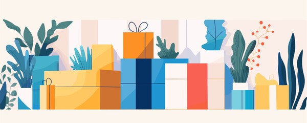 Colorful gift boxes and foliage arrangement with abstract elements - vector
