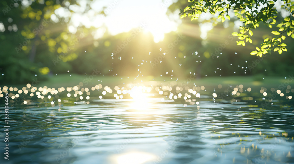 Poster calm lake surrounded by lush trees with vibrant reflections and shimmering waters creating a serene 