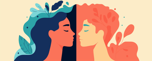 Contrast of nature-themed faces with leaves and colors – vector