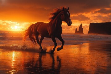 Majestic horse sprints along the beach at sunset, silhouetted against a stunning orange sky and rugged cliffs Generative AI
