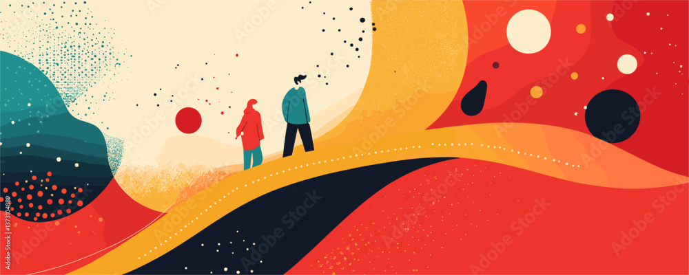 Poster abstract autumn landscape with two people walking on path - vector