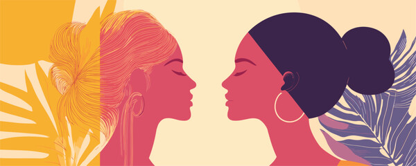 Mirror reflection silhouette of two women with leaves - vector art