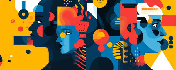 Abstract colorful geometric faces in profile with bold shapes, modern art vector