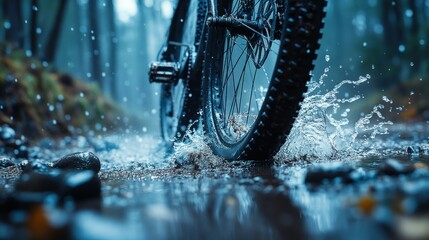 Mountain bike tire splashing through a puddle in a rainy forest