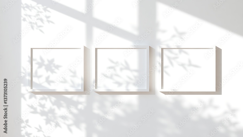 Poster three square frames on a white wall with leaf shadows creating a minimalist aesthetic design look