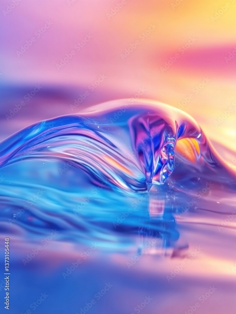Poster close-up view of iridescent gasoline swirls creating vibrant colors on water surface during sunset, 
