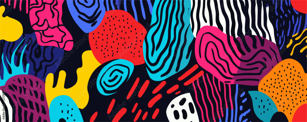 Aufkleber colorful abstract geometric pattern with wavy shapes and dots on black background - vector