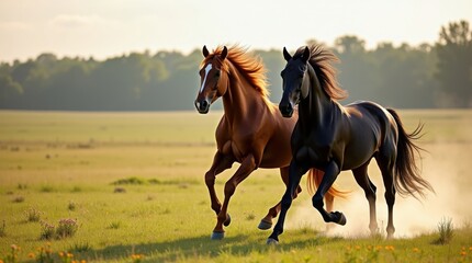 Obraz premium Two horses running in a field, concept of freedom, nature
