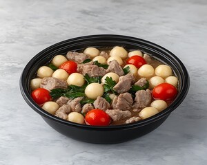 A hearty soup with meat dumplings and vibrant cherry tomatoes