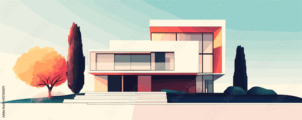 Aufkleber modern geometric house with trees and steps in a minimalist setting - vector