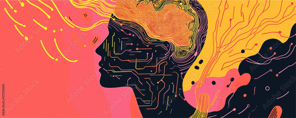 Poster abstract neural network silhouette with colorful lines on pink and yellow background vector