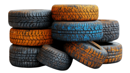 Stack of old dirty tires on a white background