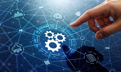 Businessman touching gears icon on network connection.