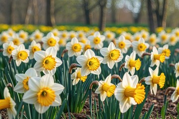 Obraz premium Golden Daffodils Blooming in Sunlight in a Lively Spring Flower Field