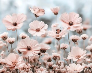 Beautiful pale pink flowers with a couple of butterflies flying about