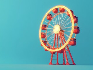A brightly illuminated ferris wheel stands against a vibrant turquoise backdrop