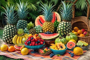 Tropical Fruit Arrangement on Woven Mat for a Summer Picnic Experience
