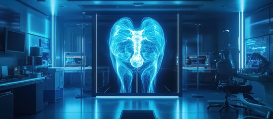 Futuristic Medical Scan:  A High-Tech Laboratory with a Holographic Spinal Projection