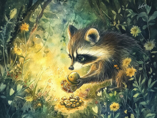 A raccoon wearing a explorer’s hat discovers an ancient hidden treasure deep in the enchanted forest, painted in a watercolor fantasy style with mystical lighting