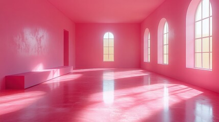 Bright Pink Room with Arched Windows and Glossy Floor Finish