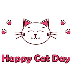 Happy International Cat Day vector illustration with cute cat and paws in flat line style in pink brown colour on white background. Vector illustration happy cat day