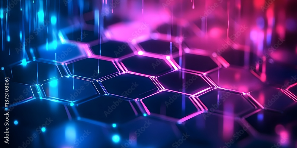 Poster futuristic hexagonal patterns illuminated with vibrant light beams creating an immersive digital exp