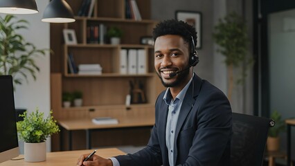 Fototapeta premium Smiling African Male Customer Service Representative with Headset
