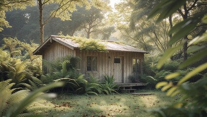A charming wooden cabin nestled peacefully among lush green surroundings