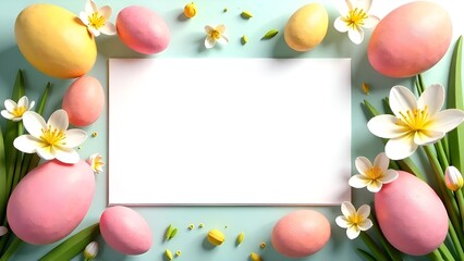 blank white frame surrounded by pink and yellow Easter eggs and white flowers. The background is blue, and the composition includes green leaves . Copyspace 