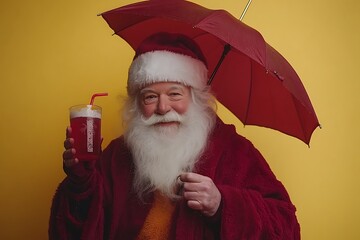 Santa Claus holding a drink under an open red umbrella