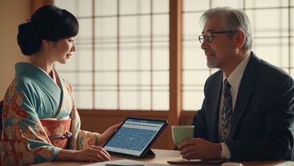 Asian woman presents data indoors while businessman listens attentively during meeting