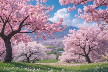 Fototapeta premium Vibrant April Landscape Filled with Cheerful Sakura Blossoms and Dreamy Springtime Joy