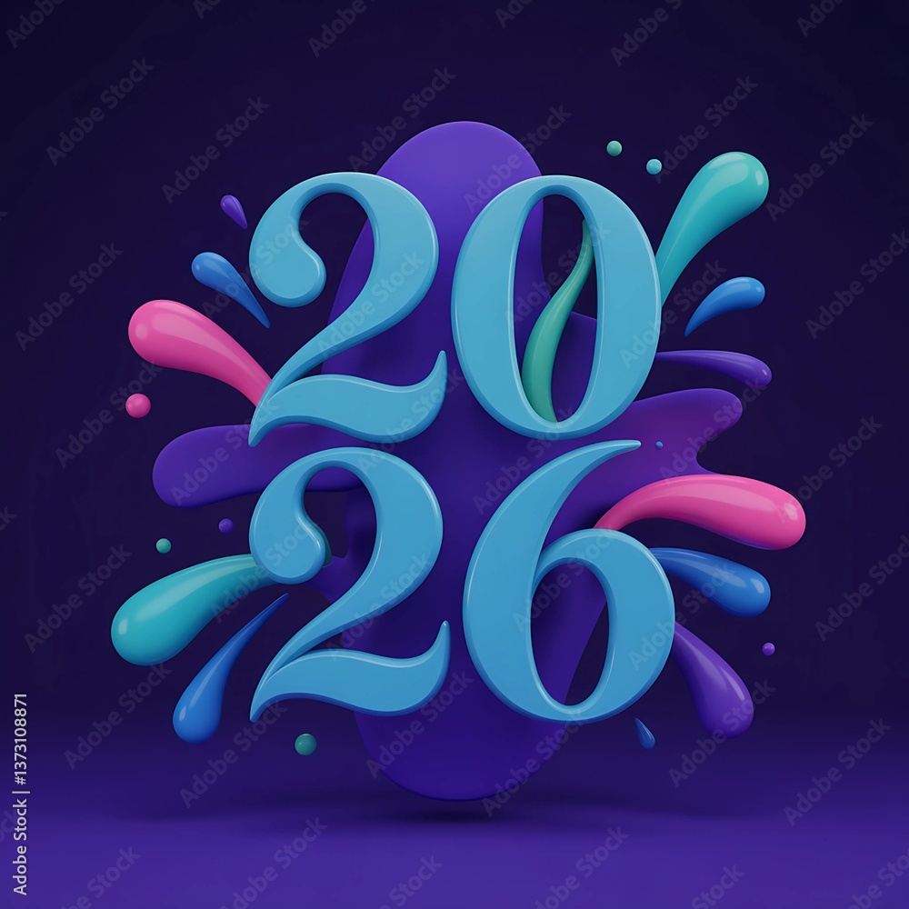 Poster dynamic new year 2026 design with vibrant blue stylized numbers surrounded by colorful splashes on a