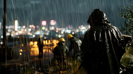 A man in a black raincoat is standing in the rain. AI Generated