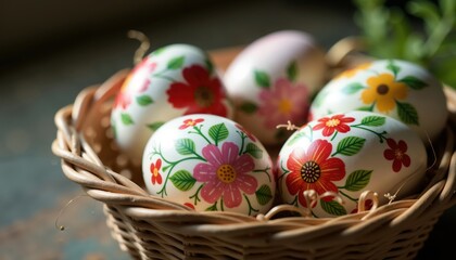 Fototapeta premium Colorfully Painted Easter Eggs In Wicker Basket Held By Hands Against Rustic Wooden Background AI Generated