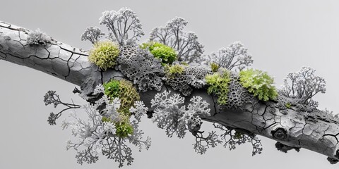 A sharp capture of small lichens and moss restoring life on a cracked branch piece settled naturally.