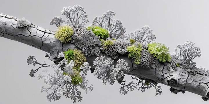 A sharp capture of small lichens and moss restoring life on a cracked branch piece settled naturally.