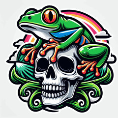 Frog and skull in a cartoon style on a white background — a logo emblem in EPS10 vector illustration format, perfect for stickers and designs with a fun and bold character.