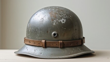 A close up of a military helmet on a table.