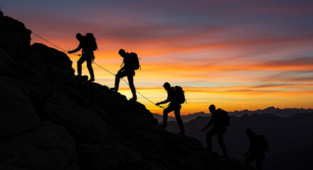 A team of climbers conquering a challenging mountain peak at sunset, silhouetted against a vibrant fiery sky.