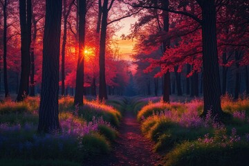 Fototapeta premium Enchanting Forest Landscape at Dusk Featuring Sunset Illumination