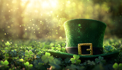 Green leprechaun hat and shamrocks in a lush field celebrating st. patrick s day. Saint Patrick s Day, St Paddy s Day, St Patty s Day - Irish National Holiday and Cultural Celebration