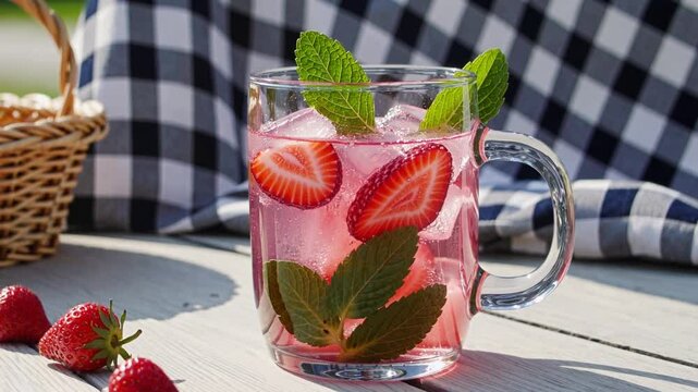 Strawberry Mint Refresher in a Jar with Ice on Wooden Table  
