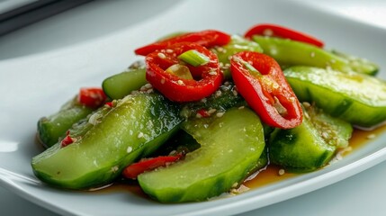 Refreshing cucumber salad with spicy chili and sesame dressing served on a white plate