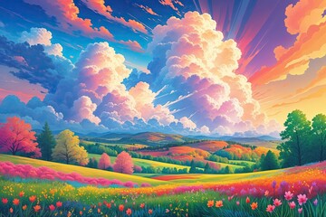 Vibrant Abstract Cloud Patterns Representing Spring Renewal in a Lush Landscape