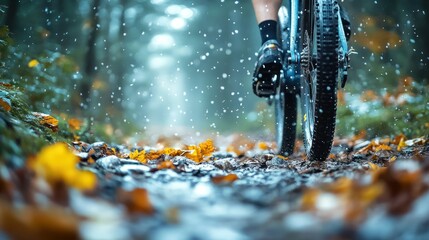 Mountain biker navigating a wet, autumnal trail.  Fallen leaves litter the muddy path as rain sprays around the cyclist's foot