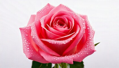 Fototapeta premium Single pink rose with water droplets on petals against pure white background