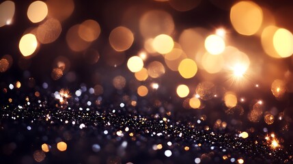 A beautiful dark background of golden and white shimmering bokeh