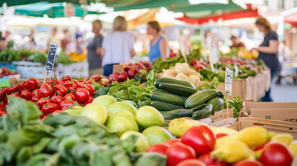 A busy, cosy farmer's market scene with a diversity of vendors and customers, filled with vibrant summer produce.  Healthy vegetables and fruits, local products, local grown healthy food. Environmenta