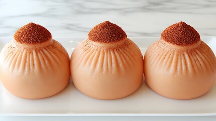 Three creative dessert pastries on a white rectangular serving plate